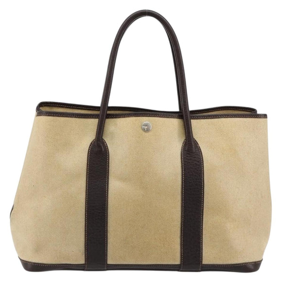 HERMES Garden Party PM Hand Bag Canvas Toile Officier Brown Silver Auth ka4555