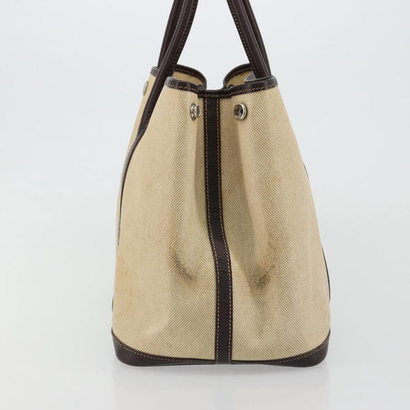 HERMES Garden Party PM Hand Bag Canvas Toile Officier Brown Silver Auth ka4555