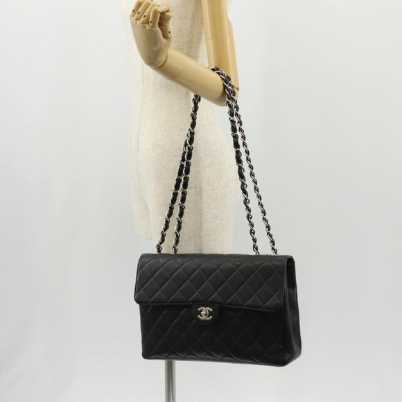 CHANEL Matelasse 30 Chain Shoulder Bag Caviar Skin Black Silver CC Auth ka456V