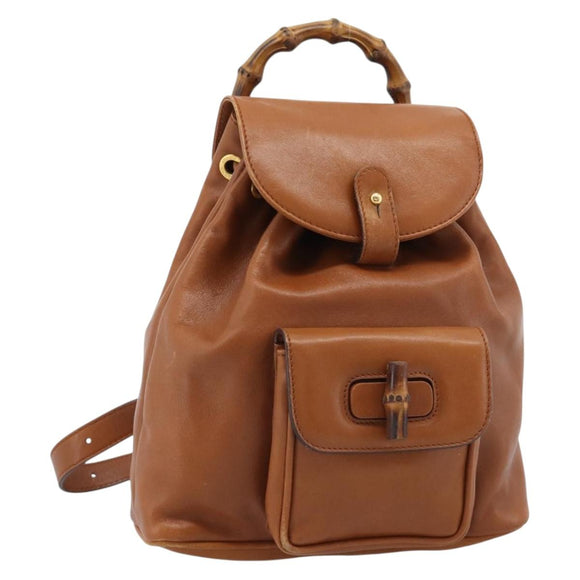 GUCCI Bamboo Backpack Leather Brown Gold Auth ka4595