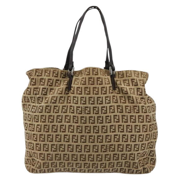 FENDI Zucchino Canvas Hand Bag Beige Silver Auth ka4608