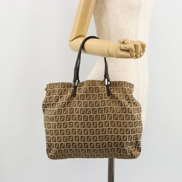 FENDI Zucchino Canvas Hand Bag Beige Silver Auth ka4608