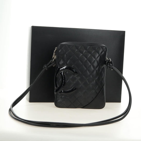 CHANEL Cambon Line Shoulder Bag Leather Black Silver CC Auth ka4610V