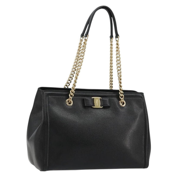 Salvatore Ferragamo Vala Chain Shoulder Bag Leather Black Gold Auth ka4612V