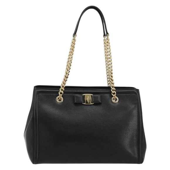 Salvatore Ferragamo Vala Chain Shoulder Bag Leather Black Gold Auth ka4612V