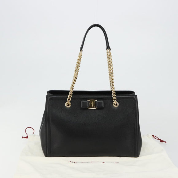 Salvatore Ferragamo Vala Chain Shoulder Bag Leather Black Gold Auth ka4612V