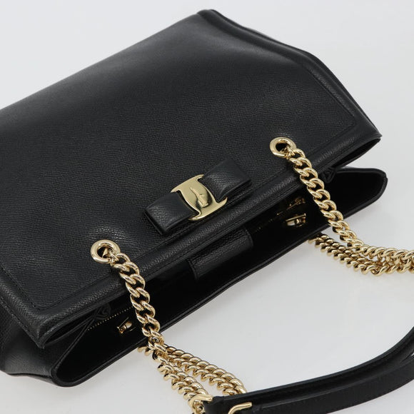 Salvatore Ferragamo Vala Chain Shoulder Bag Leather Black Gold Auth ka4612V
