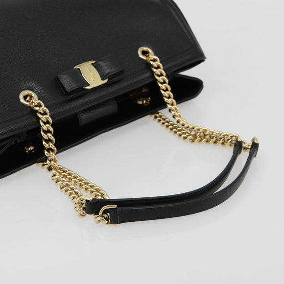 Salvatore Ferragamo Vala Chain Shoulder Bag Leather Black Gold Auth ka4612V