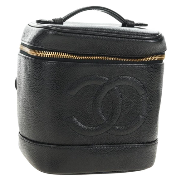 CHANEL Vanity Pouch Caviar Skin Black Gold CC Auth ka4623V