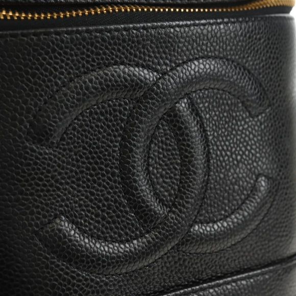 CHANEL Vanity Pouch Caviar Skin Black Gold CC Auth ka4623V