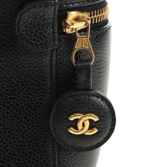 CHANEL Vanity Pouch Caviar Skin Black Gold CC Auth ka4623V