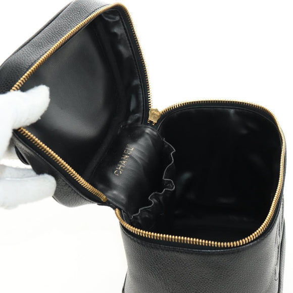 CHANEL Vanity Pouch Caviar Skin Black Gold CC Auth ka4623V
