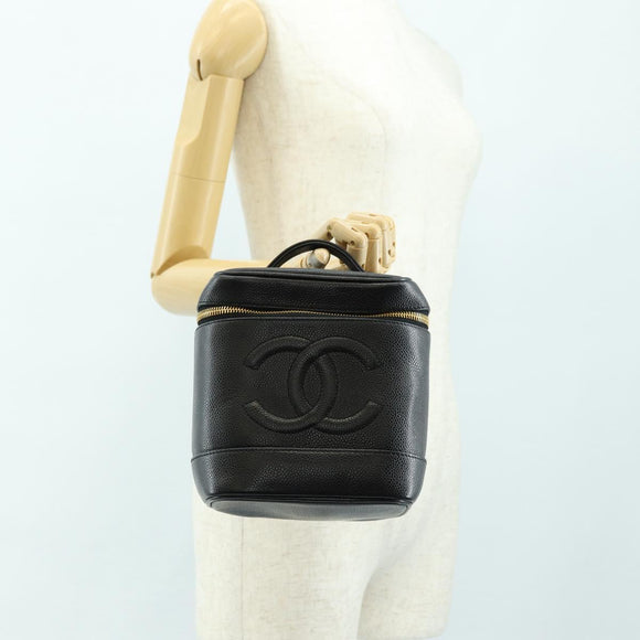 CHANEL Vanity Pouch Caviar Skin Black Gold CC Auth ka4623V