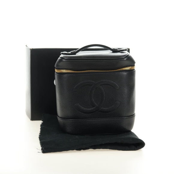 CHANEL Vanity Pouch Caviar Skin Black Gold CC Auth ka4623V
