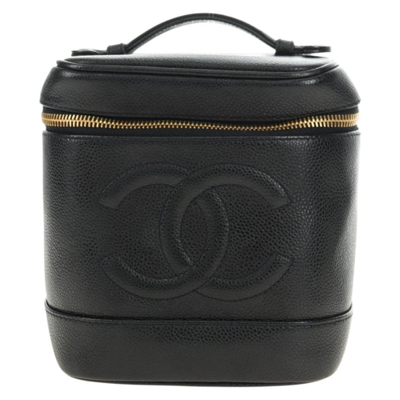 CHANEL Vanity Pouch Caviar Skin Black Gold CC Auth ka4623V