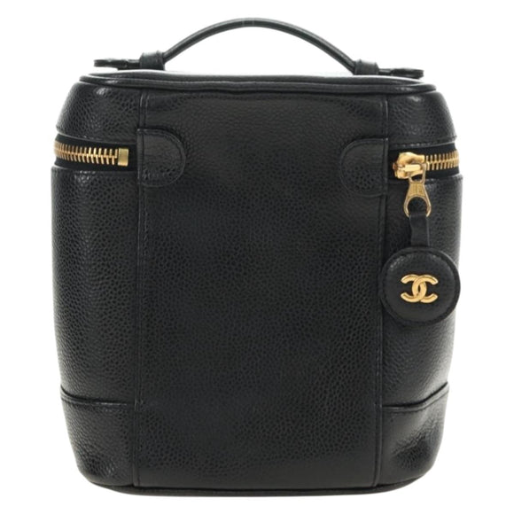 CHANEL Vanity Pouch Caviar Skin Black Gold CC Auth ka4623V