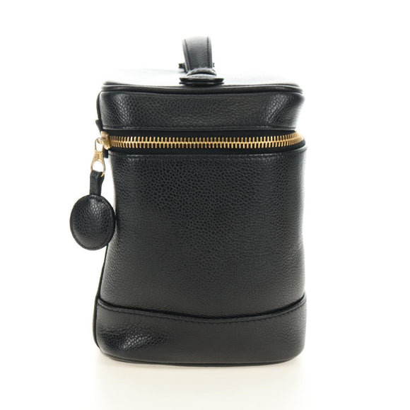 CHANEL Vanity Pouch Caviar Skin Black Gold CC Auth ka4623V