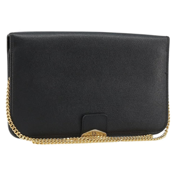Christian Dior Chain Shoulder Bag Leather Black Gold Auth ka4632
