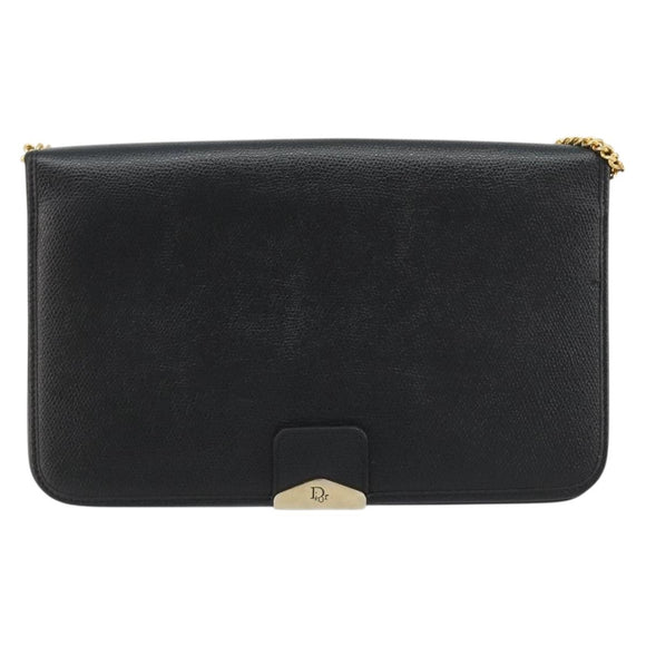 Christian Dior Chain Shoulder Bag Leather Black Gold Auth ka4632
