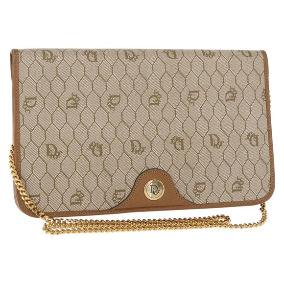 Christian Dior Honeycomb Canvas Chain Shoulder Bag PVC Beige Gold Auth ka464