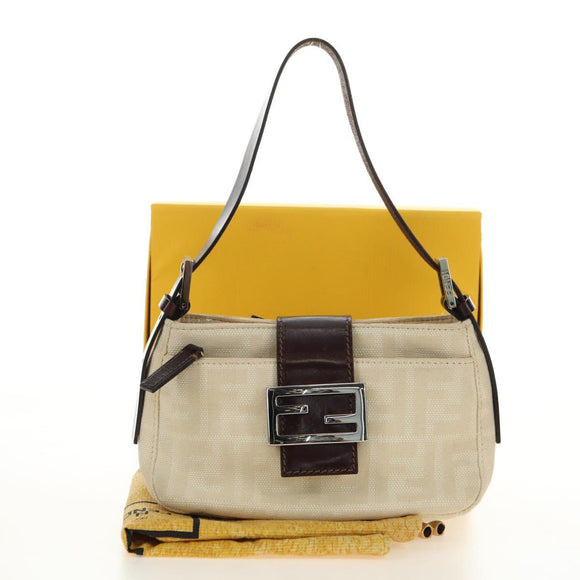 FENDI Zucca Canvas Mamma Baguette Shoulder Bag White Silver Auth ka4640M