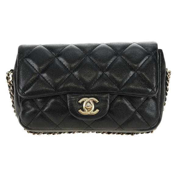 CHANEL Matelassé Perlenketten-Schultertasche Lammleder Schwarz Gold CC Auth ka4643M