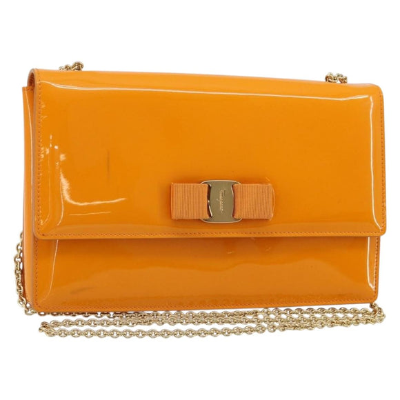 Salvatore Ferragamo Vala Schultertasche Lackleder Orange Gold Auth ka4654A