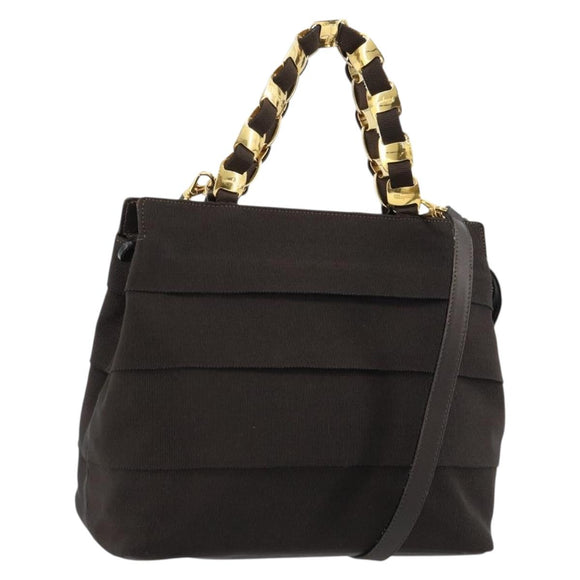 Salvatore Ferragamo Vala Hand Bag Canvas Leather 2way Brown Gold Auth ka4658A