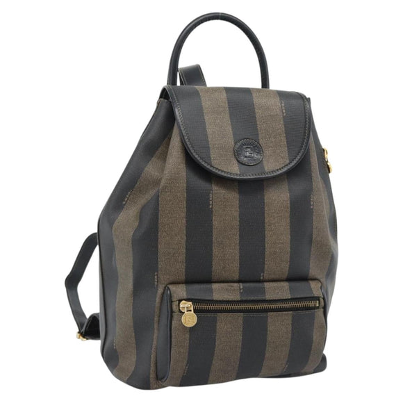 FENDI Pecan Canvas Backpack PVC Black Brown gold Auth ka4662