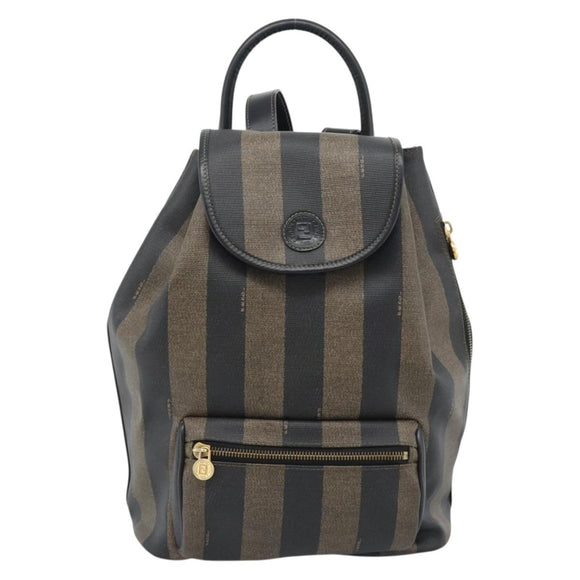 FENDI Pecan Canvas Backpack PVC Black Brown gold Auth ka4662