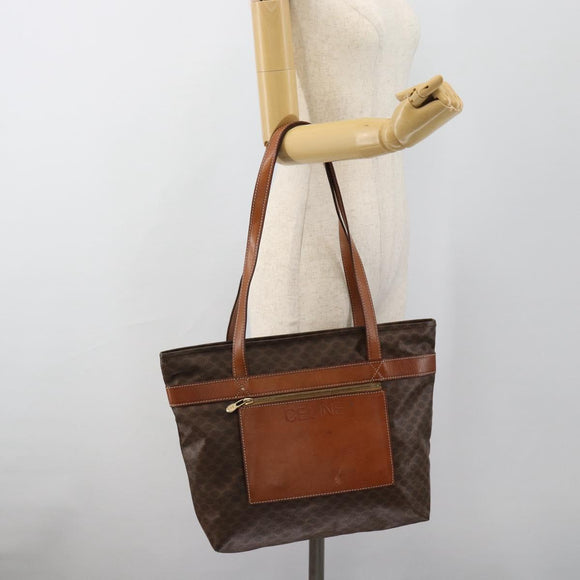 CELINE Macadam Canvas Tote Bag PVC Leather Brown Gold Auth ka4675