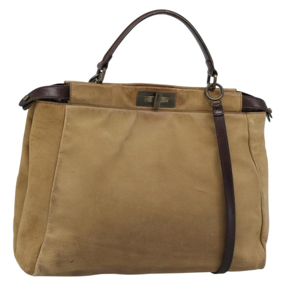 FENDI Peek A Boo Grote Handtas Leer 2-weg Beige Auth ka4679