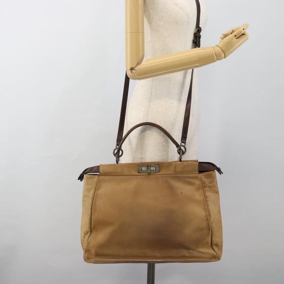 FENDI Peek A Boo Grote Handtas Leer 2-weg Beige Auth ka4679