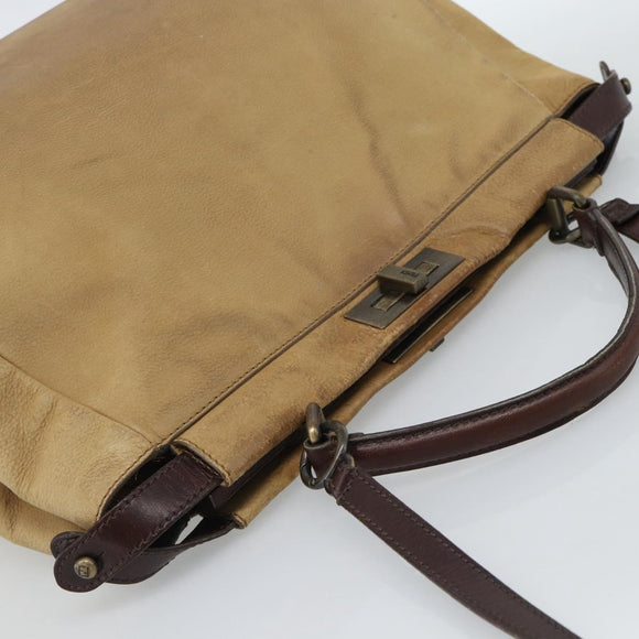 FENDI Peek A Boo Grote Handtas Leer 2-weg Beige Auth ka4679