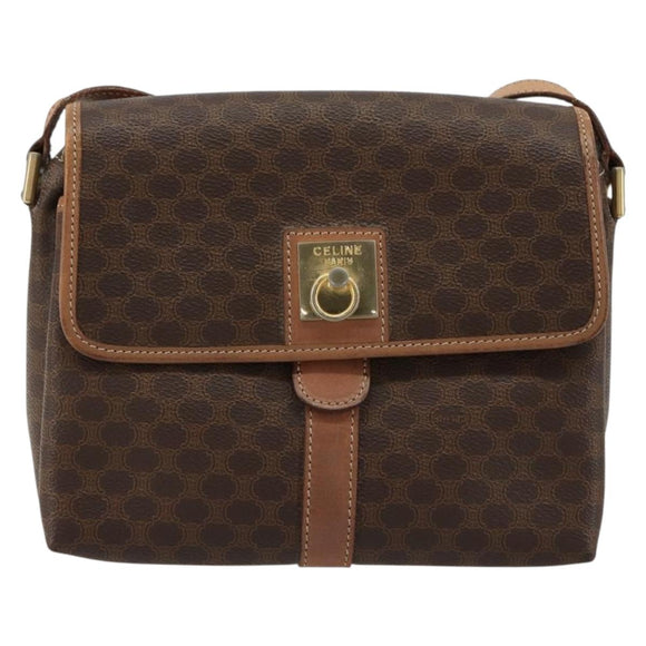 CELINE Macadam Canvas Circle Shoulder Bag PVC Leather Brown Gold Auth ka4684A