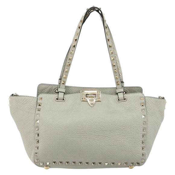 VALENTINO Rock Studs Hand Bag Leather 2way Gray Gold Auth ka4689A