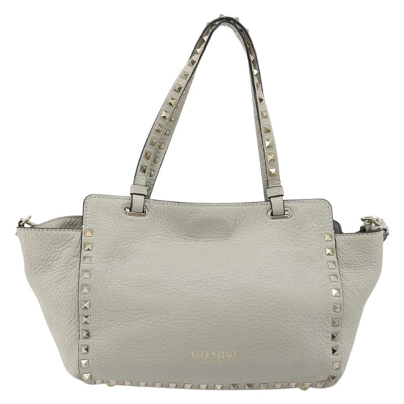 VALENTINO Rock Studs Hand Bag Leather 2way Gray Gold Auth ka4689A