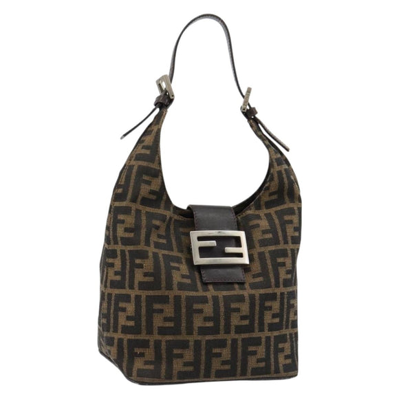 FENDI Zucca Canvas Hand Bag Brown Black Silver Auth ka4694A