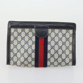 GUCCI GG Supreme Web Sherry Line Clutch Bag PVC 2 Set Navy Beige Auth ka472 - 0