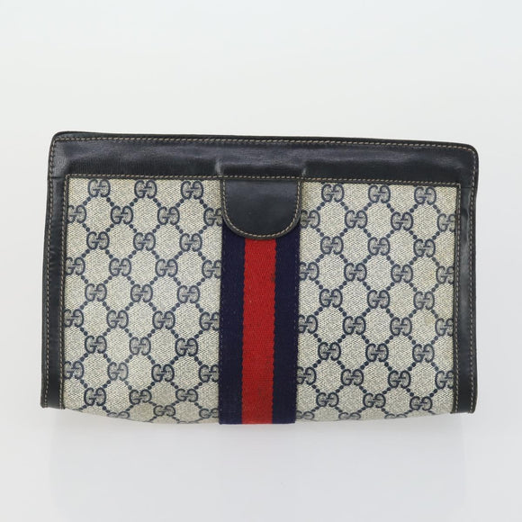 GUCCI GG Supreme Web Sherry Line Clutch Bag PVC 2 Set Navy Beige Auth ka472