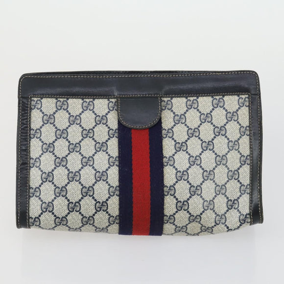 GUCCI GG Supreme Web Sherry Line Clutch Bag PVC 2 Set Navy Beige Auth ka472