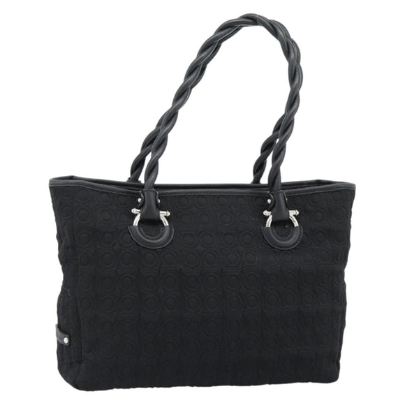 Salvatore Ferragamo Gancini Tote Bag Canvas Leather Black Silver Auth ka4727A