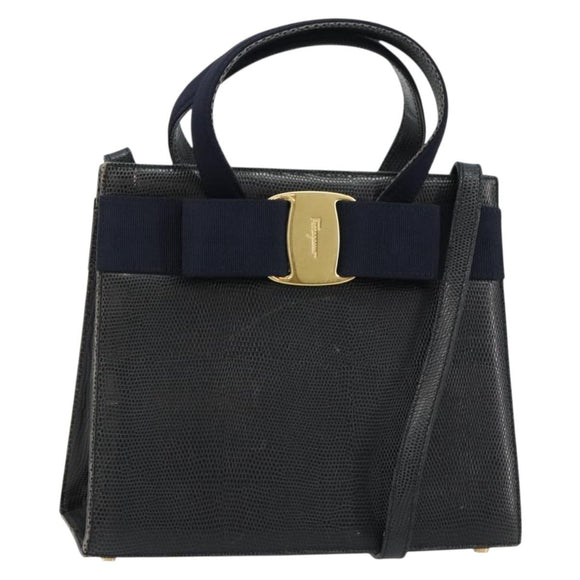 Salvatore Ferragamo Vala Hand Bag Leather 2way Navy Gold Auth ka4752