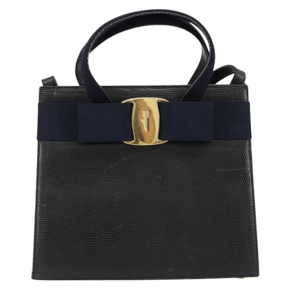 Salvatore Ferragamo Vala Hand Bag Leather 2way Navy Gold Auth ka4752