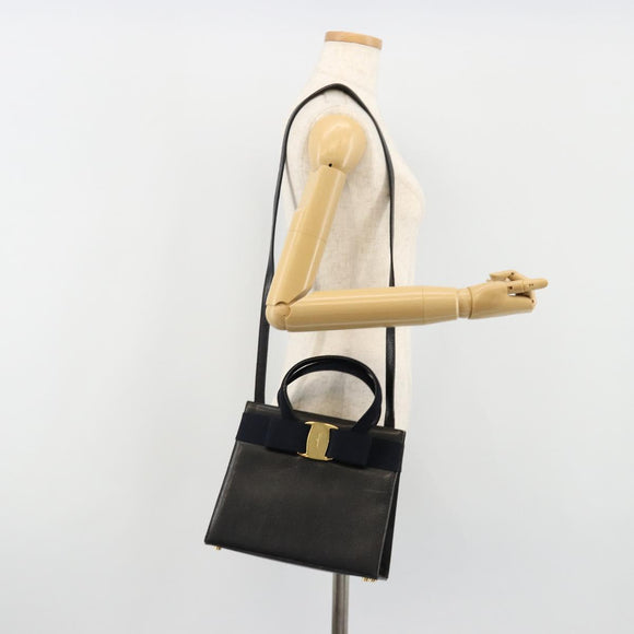 Salvatore Ferragamo Vala Hand Bag Leather 2way Navy Gold Auth ka4752