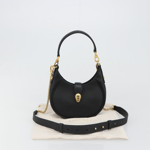 BVLGARI Hand Bag Leather 2way Black Gold Auth ka4770M