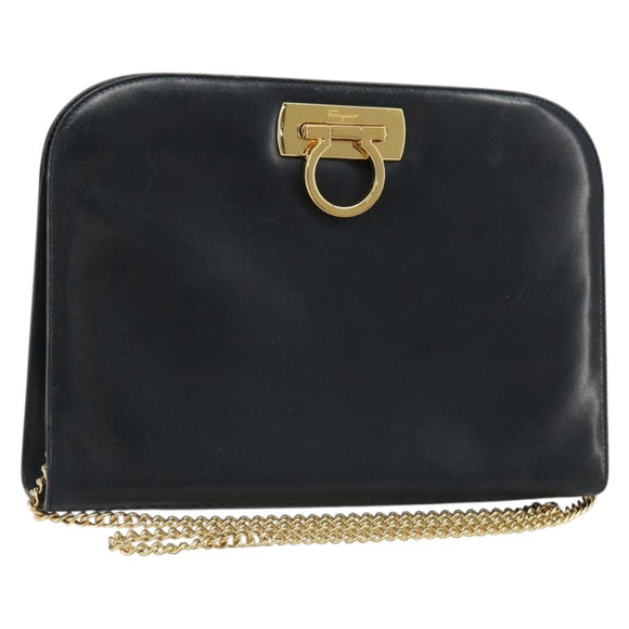 Salvatore Ferragamo Gancini Chain Shoulder Bag Leather Navy Gold Auth ka4772
