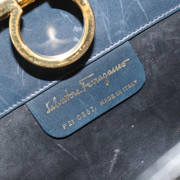 Salvatore Ferragamo Gancini Chain Shoulder Bag Leather Navy Gold Auth ka4772