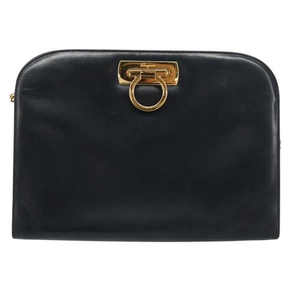Salvatore Ferragamo Gancini Chain Shoulder Bag Leather Navy Gold Auth ka4772