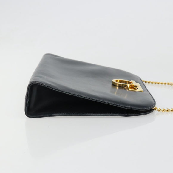 Salvatore Ferragamo Gancini Chain Shoulder Bag Leather Navy Gold Auth ka4772